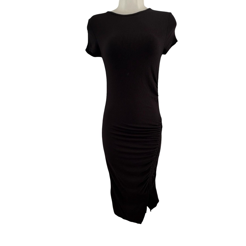 Obsessive Love Los Angeles Dress Womens Small Black Ribbed Bodycon Ruched Midi
